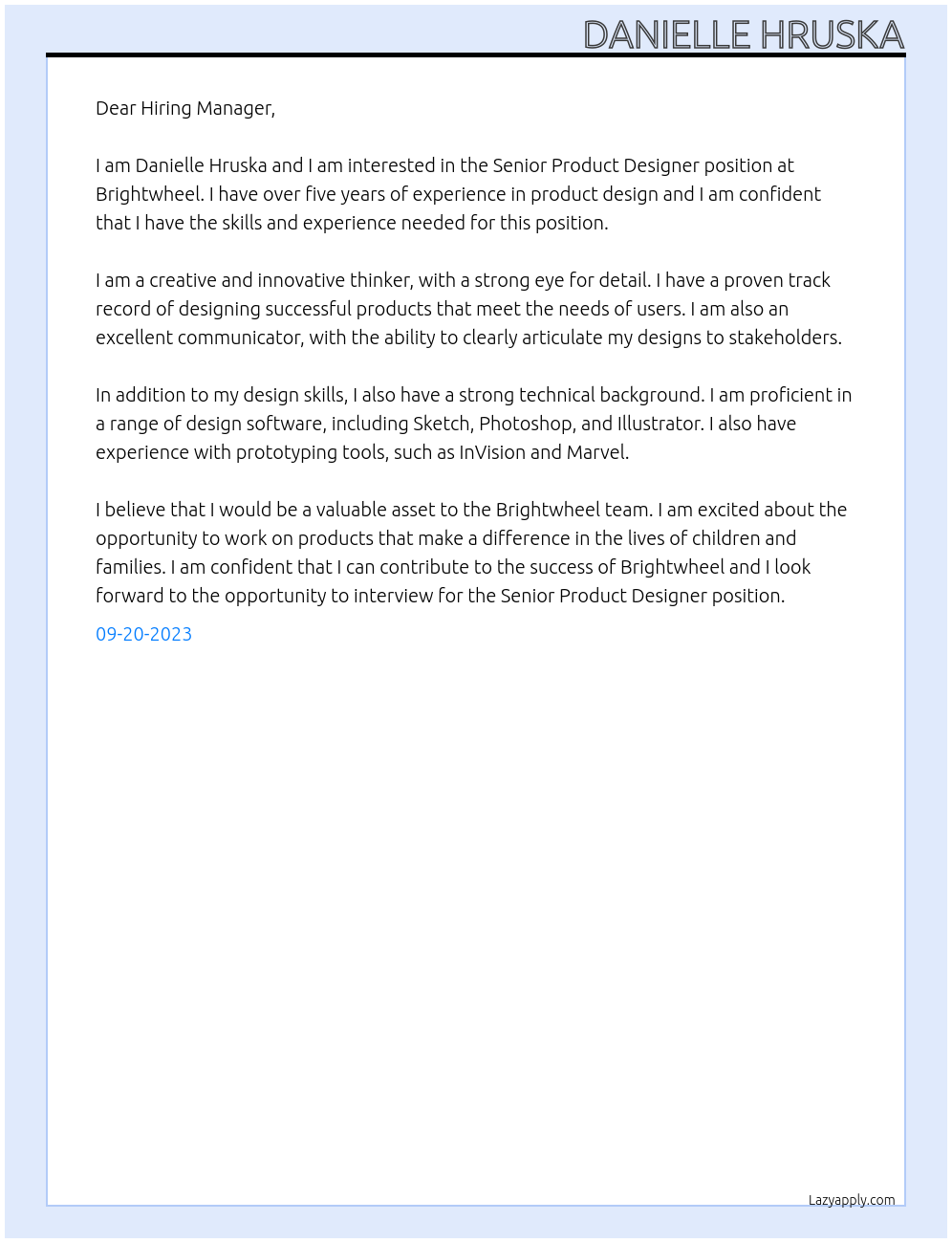 Senior Product Designer At Brightwheel Cover Letter