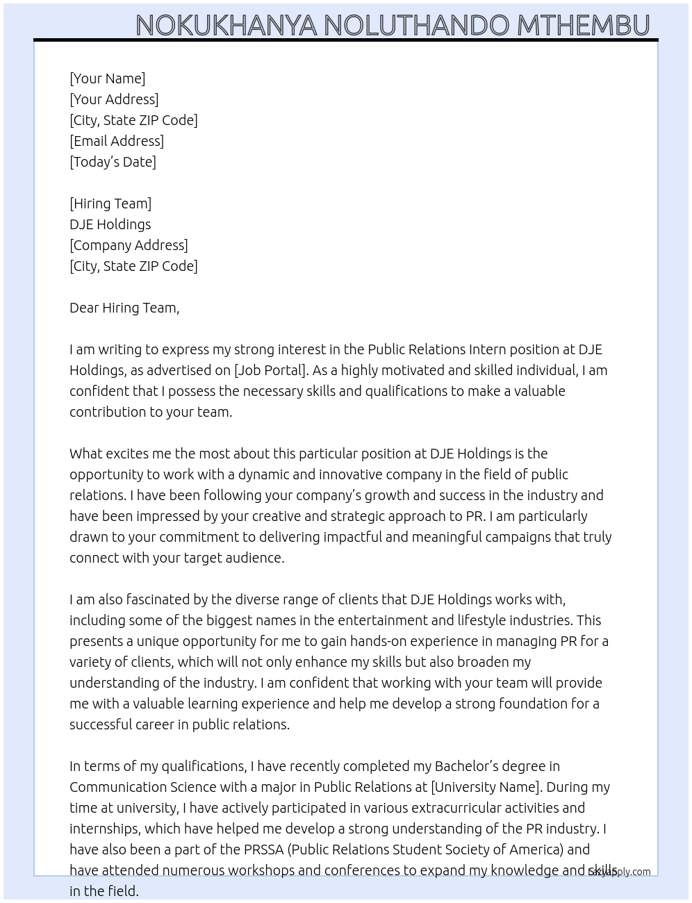 Public Relations Intern At DJE Holdings Cover Letter