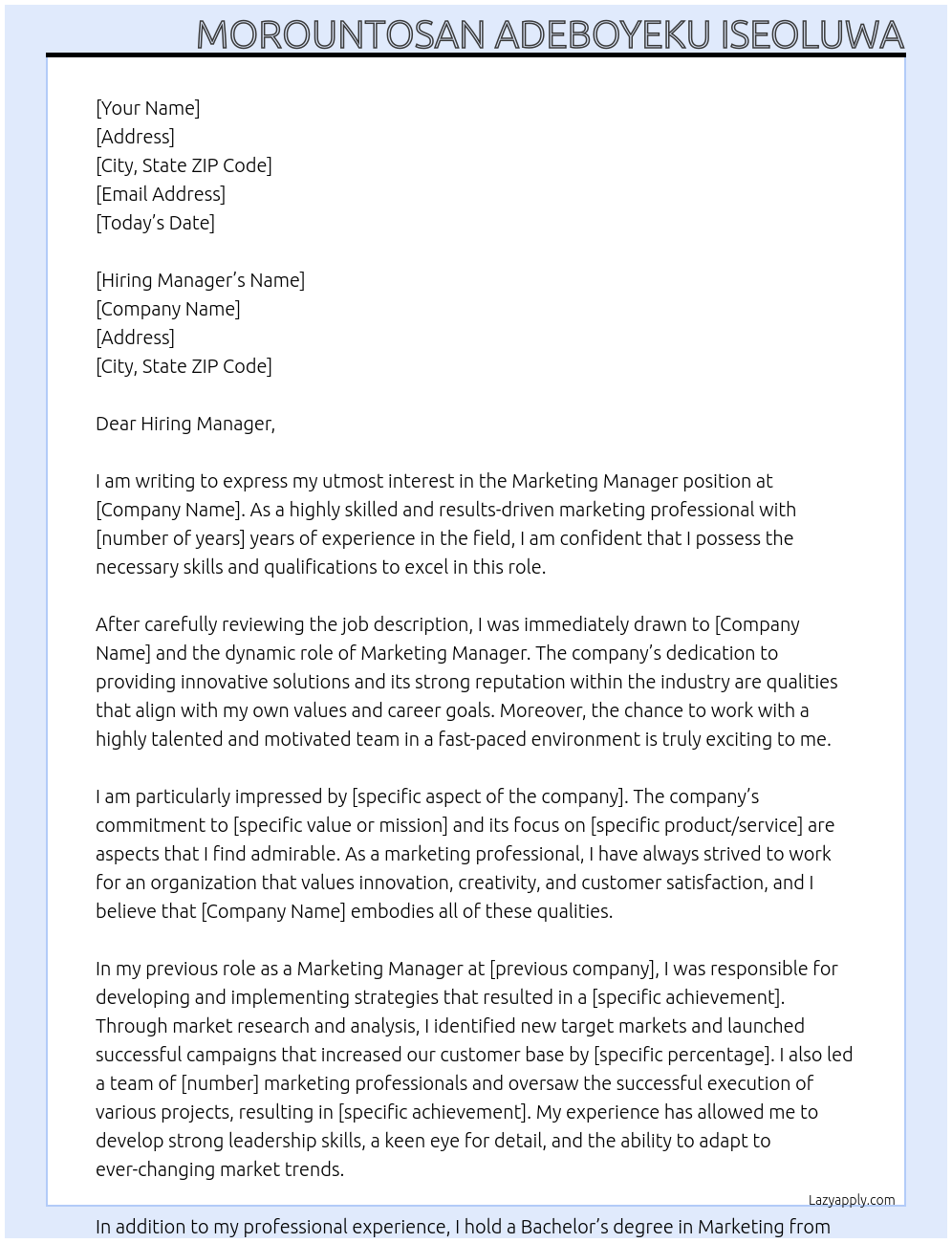 Marketing Manager At Marketing Manager Cover Letter