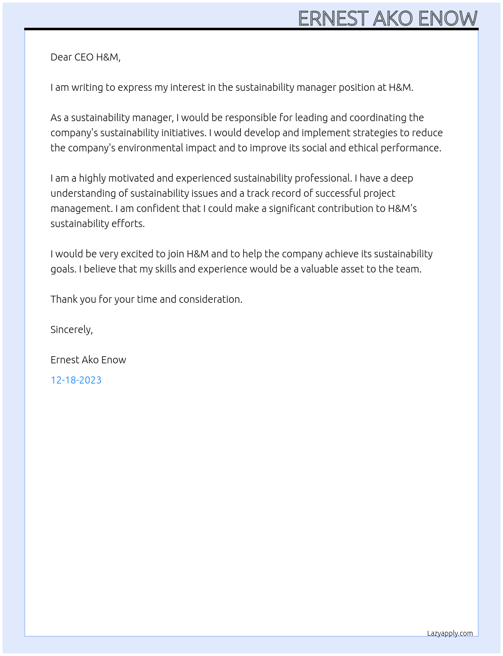 sustainability manager At H&M Cover Letter