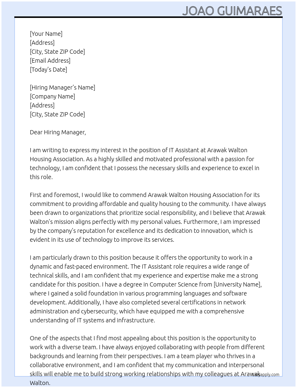 IT Assistant At Arawak Walton Housing Association Cover Letter