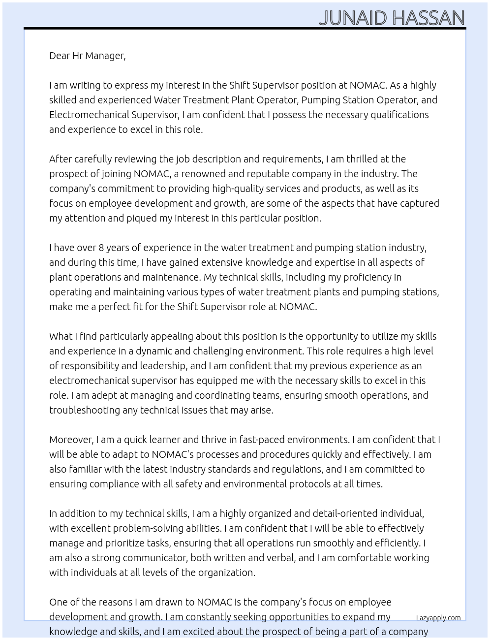 Shift supervisor At NOMAC Cover Letter