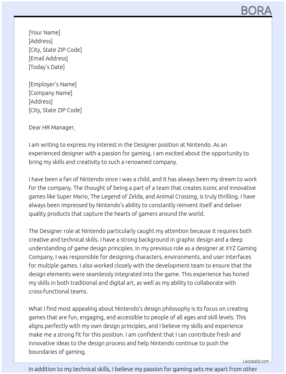 Designer At Nintendo Cover Letter