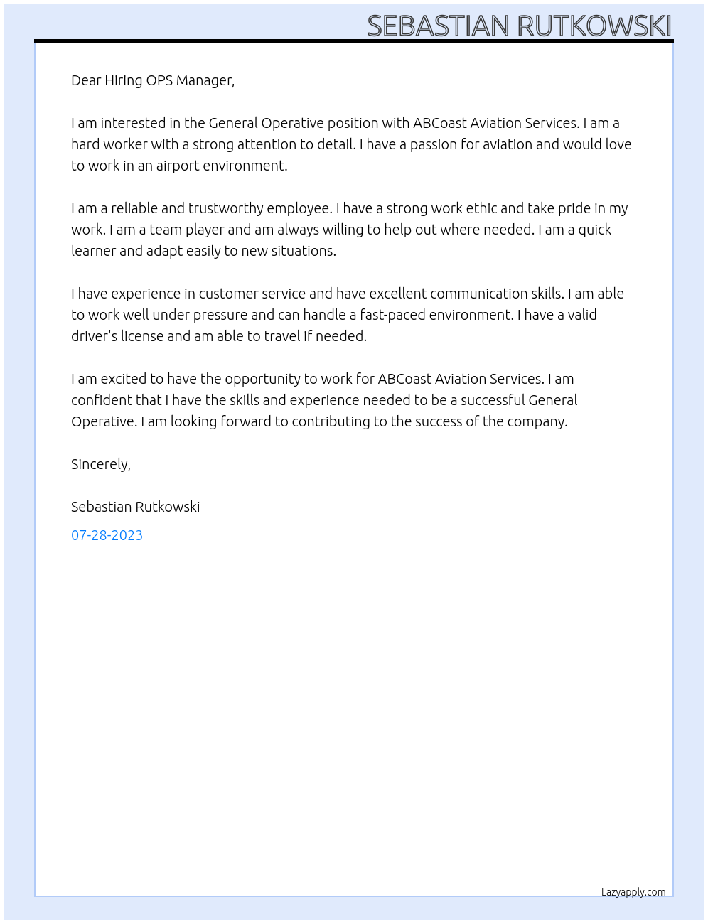 General Operative At ABCoast Aviation Services Cover Letter