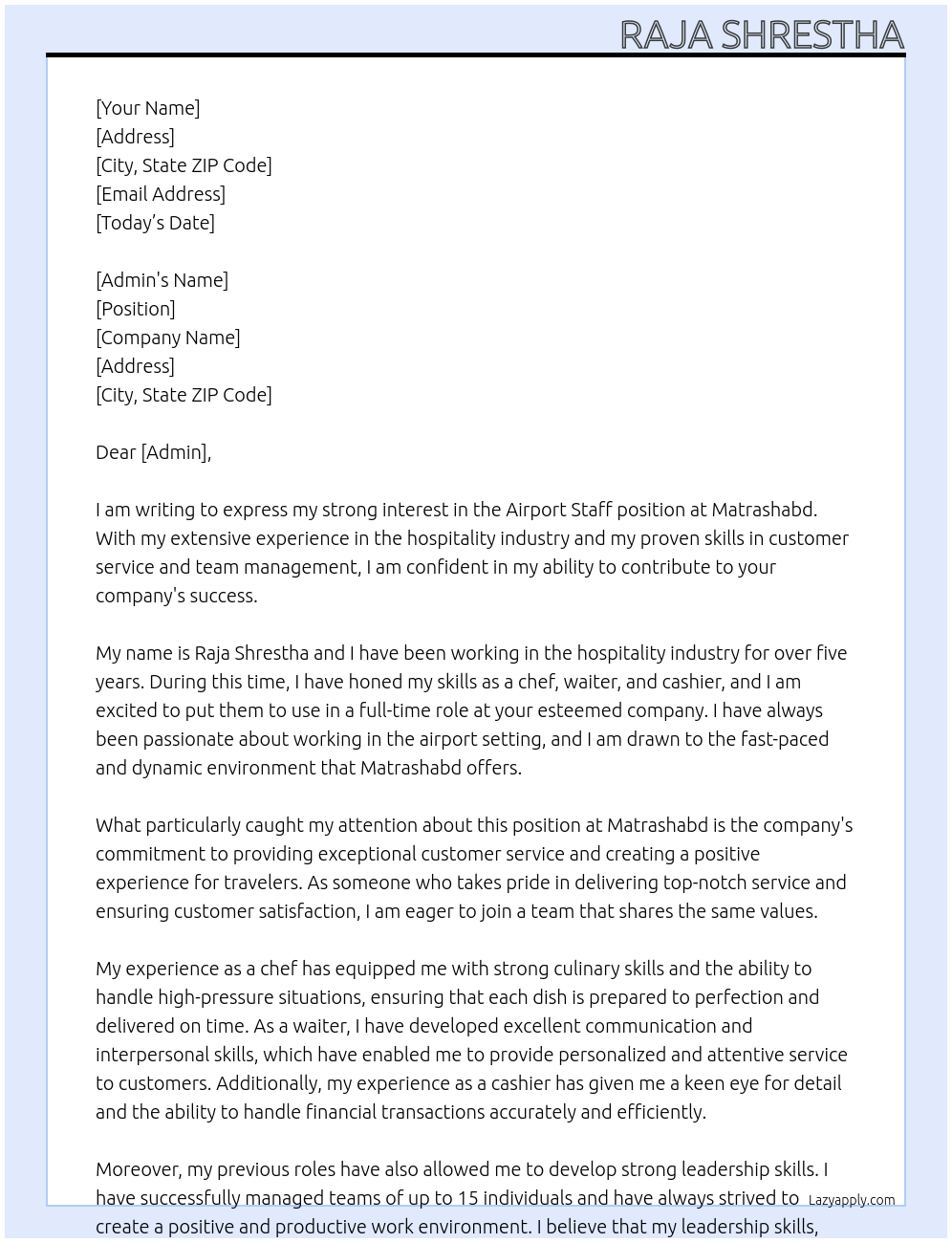 Airport Staff At Matrashabd  Cover Letter