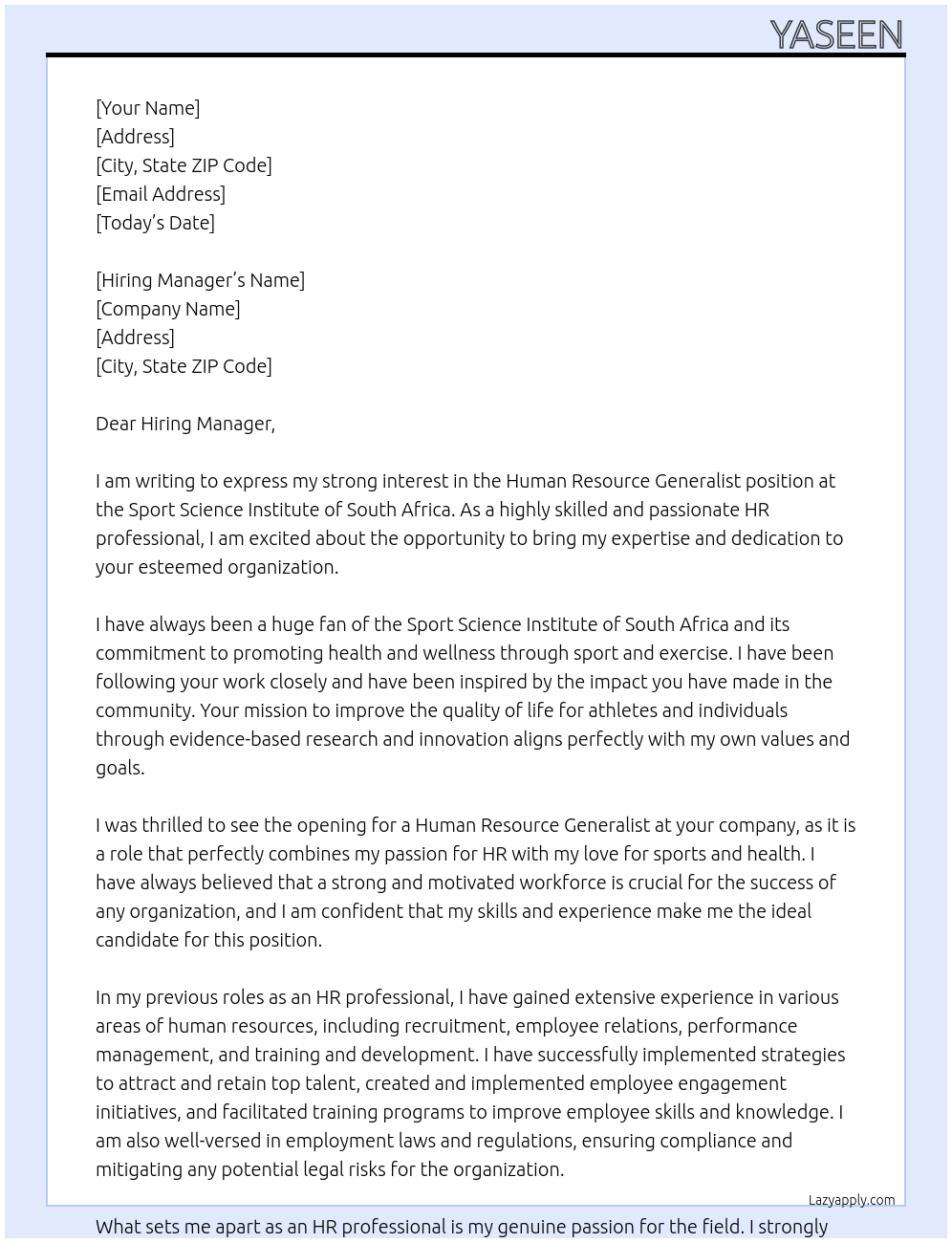 Human Resource Generalist At Sport Science Institute of South Africa Cover Letter