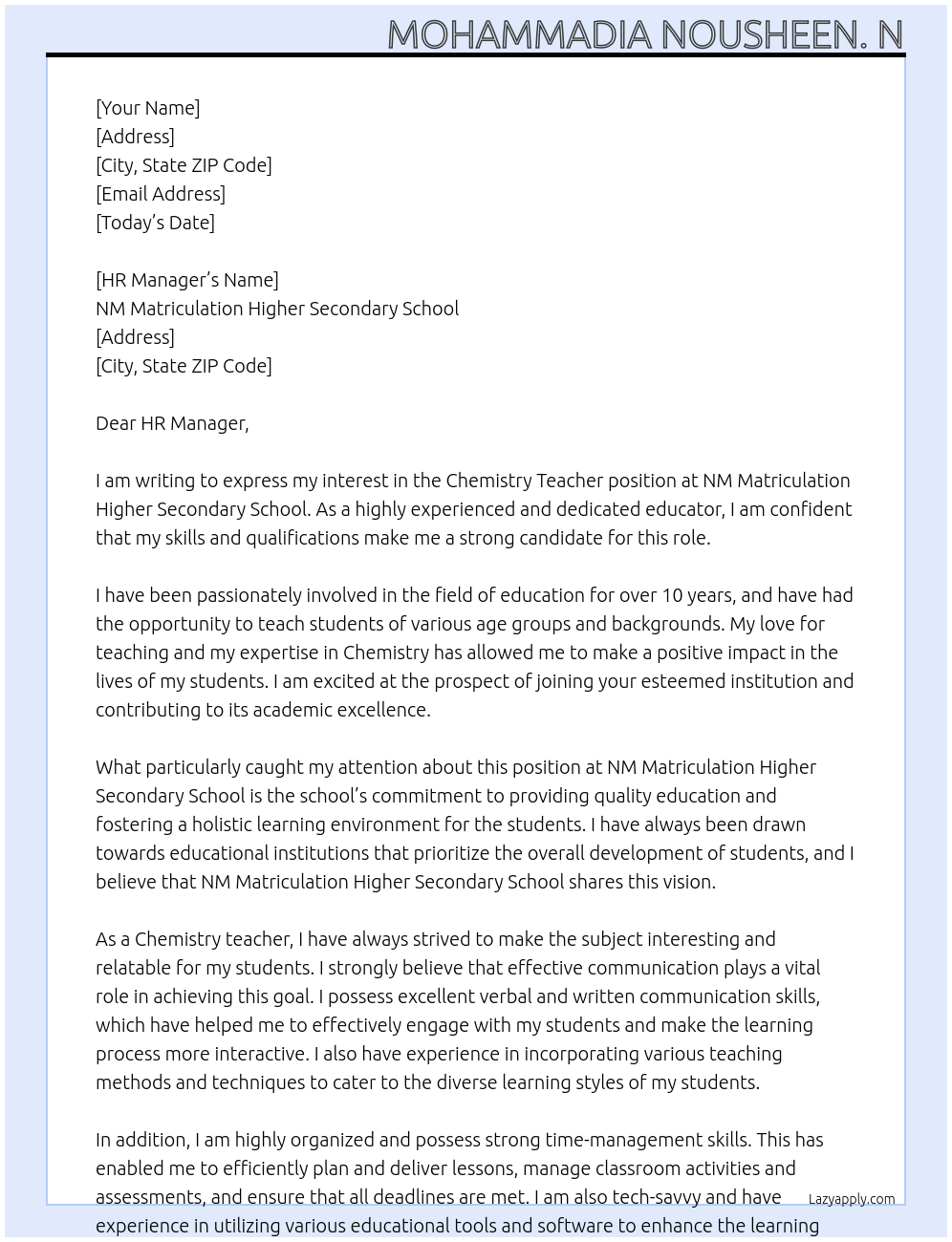 Chemistry teacher  At NM Matriculation Higher Secondary School   Cover Letter