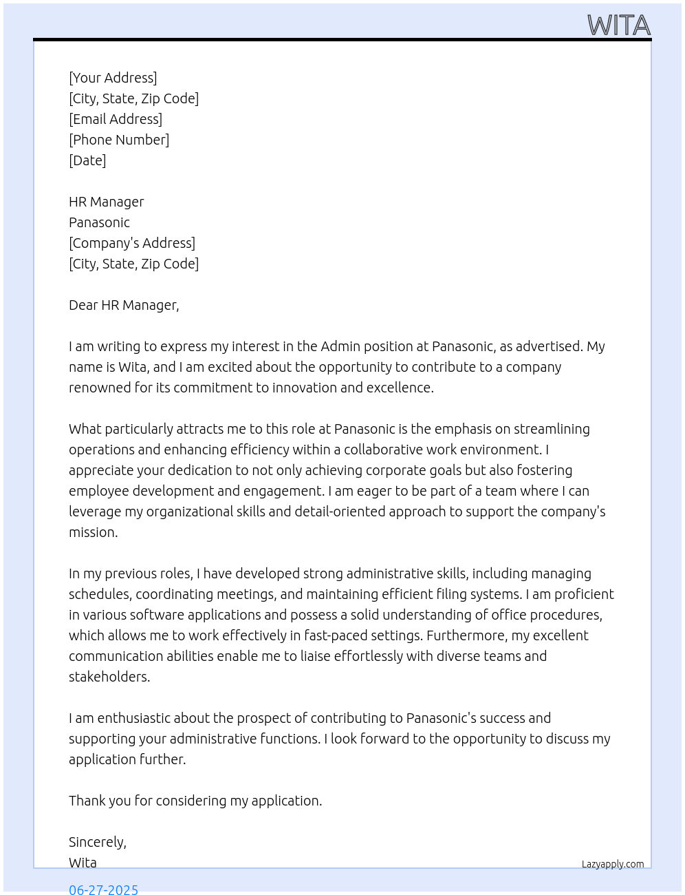 admin At panasonic Cover Letter