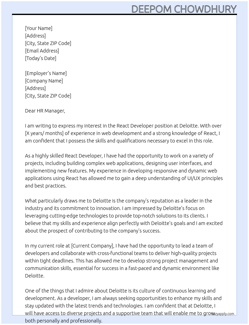 React developer At Deloitte Cover Letter