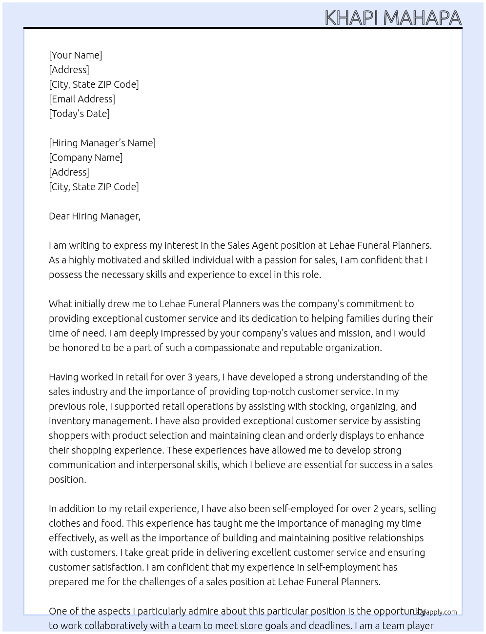 Sales Agent At Lehae Funeral Planners Cover Letter
