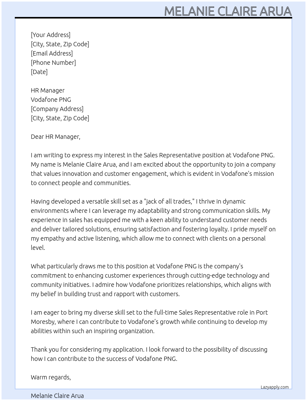 Sale Representive  At Vodaphone PNG Cover Letter