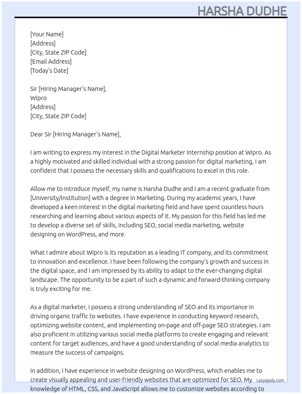 Digital marketer At Wipro Cover Letter