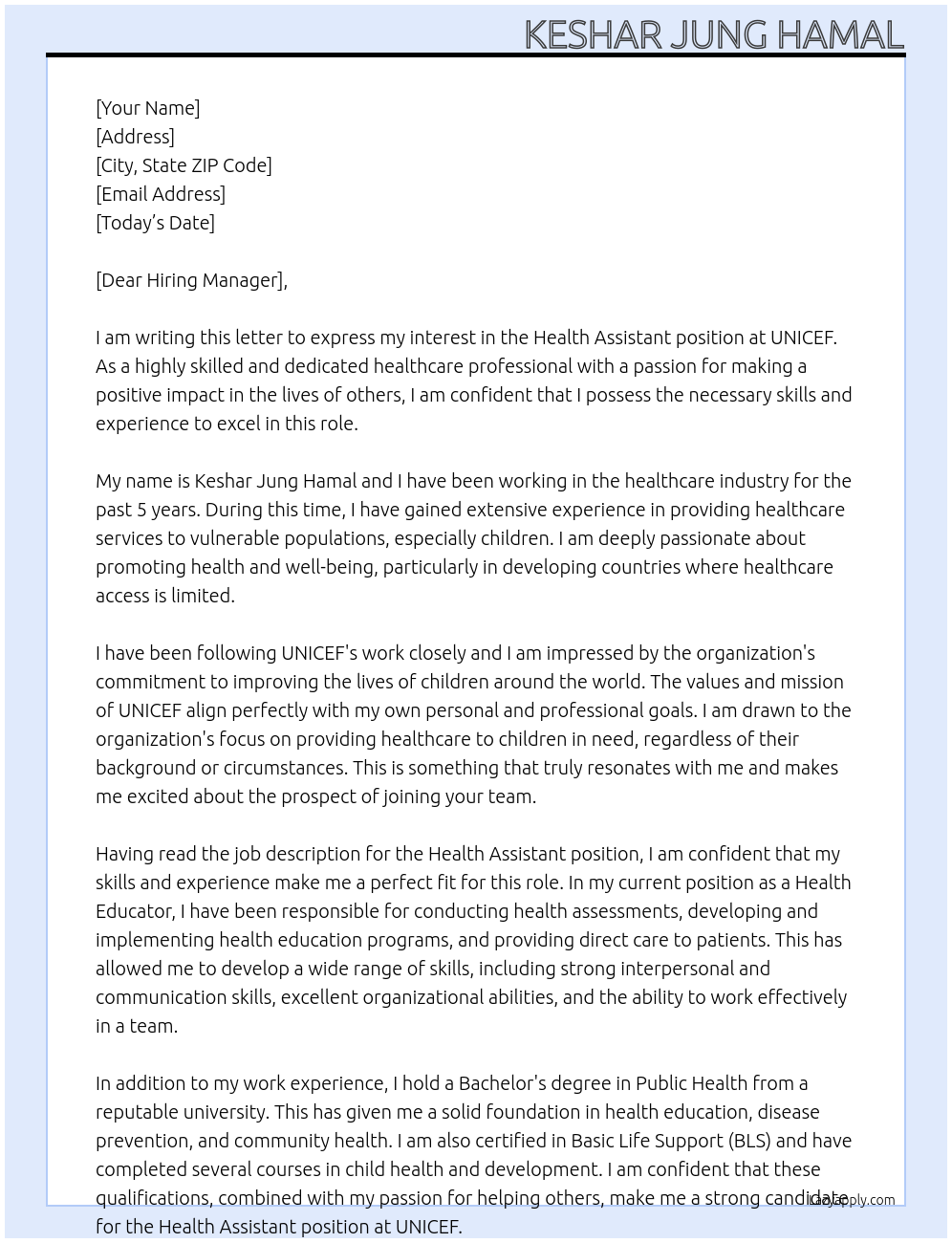 Health assistant At UNICEF Cover Letter
