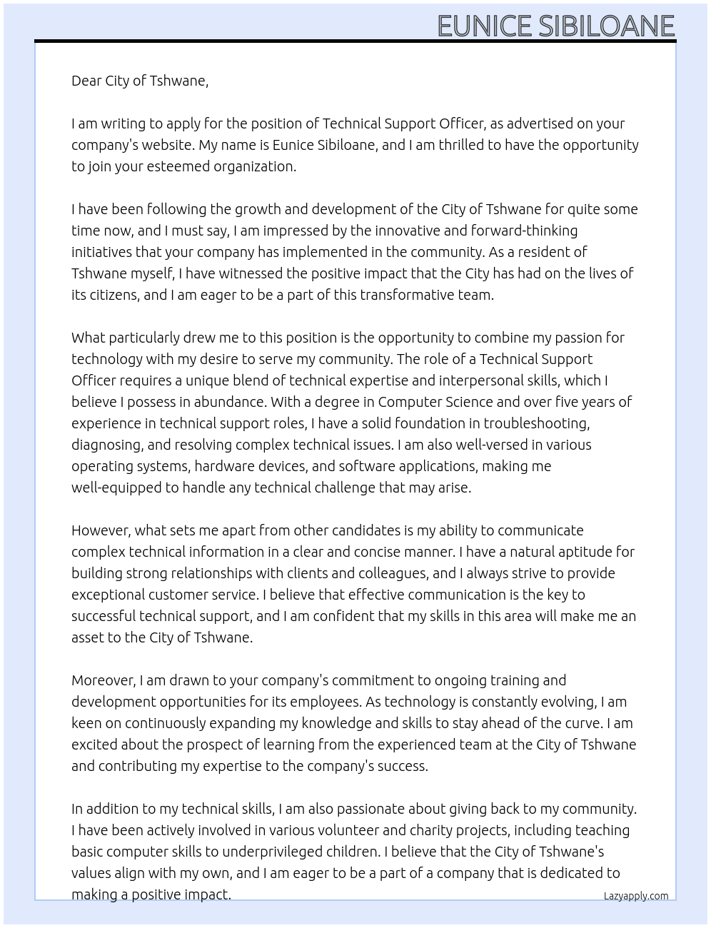 Technical Support Officer At City of Tshwane Cover Letter