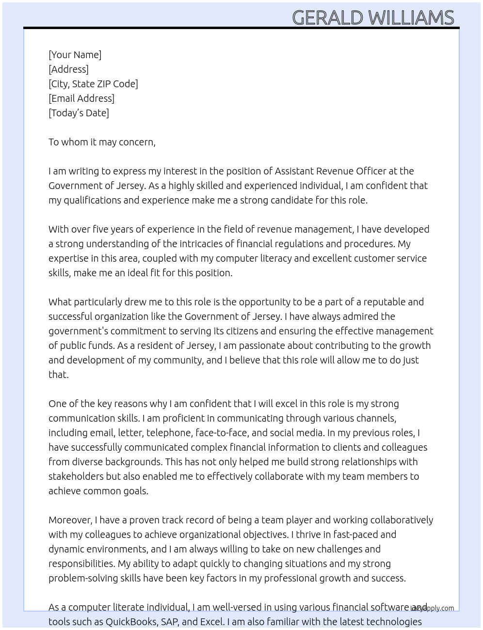 Assistant Revenue Officer  At Government of Jersey  Cover Letter