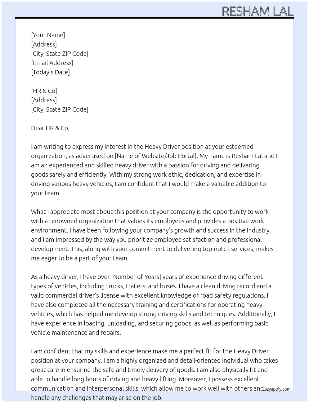 Heavy driver At Any vacancy Cover Letter