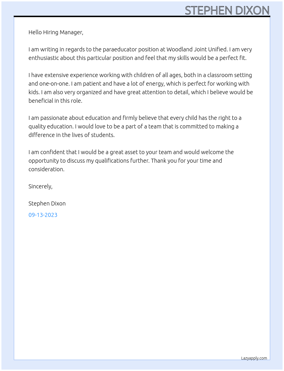 paraeducator At Woodland Joint Unified Cover Letter