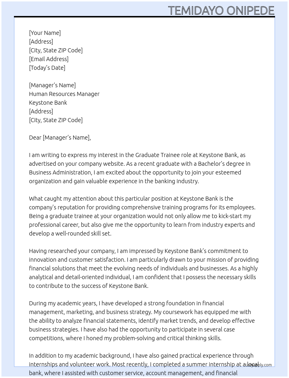 Graduate Training At Keystone bank Cover Letter