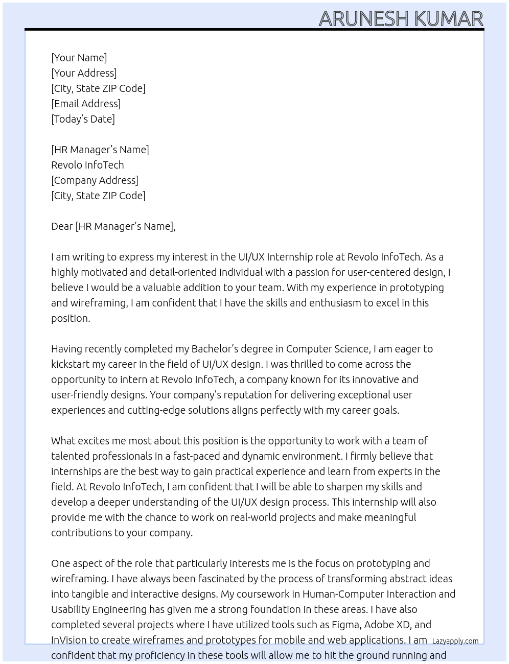 UI/UX At Revolo InfoTech Cover Letter