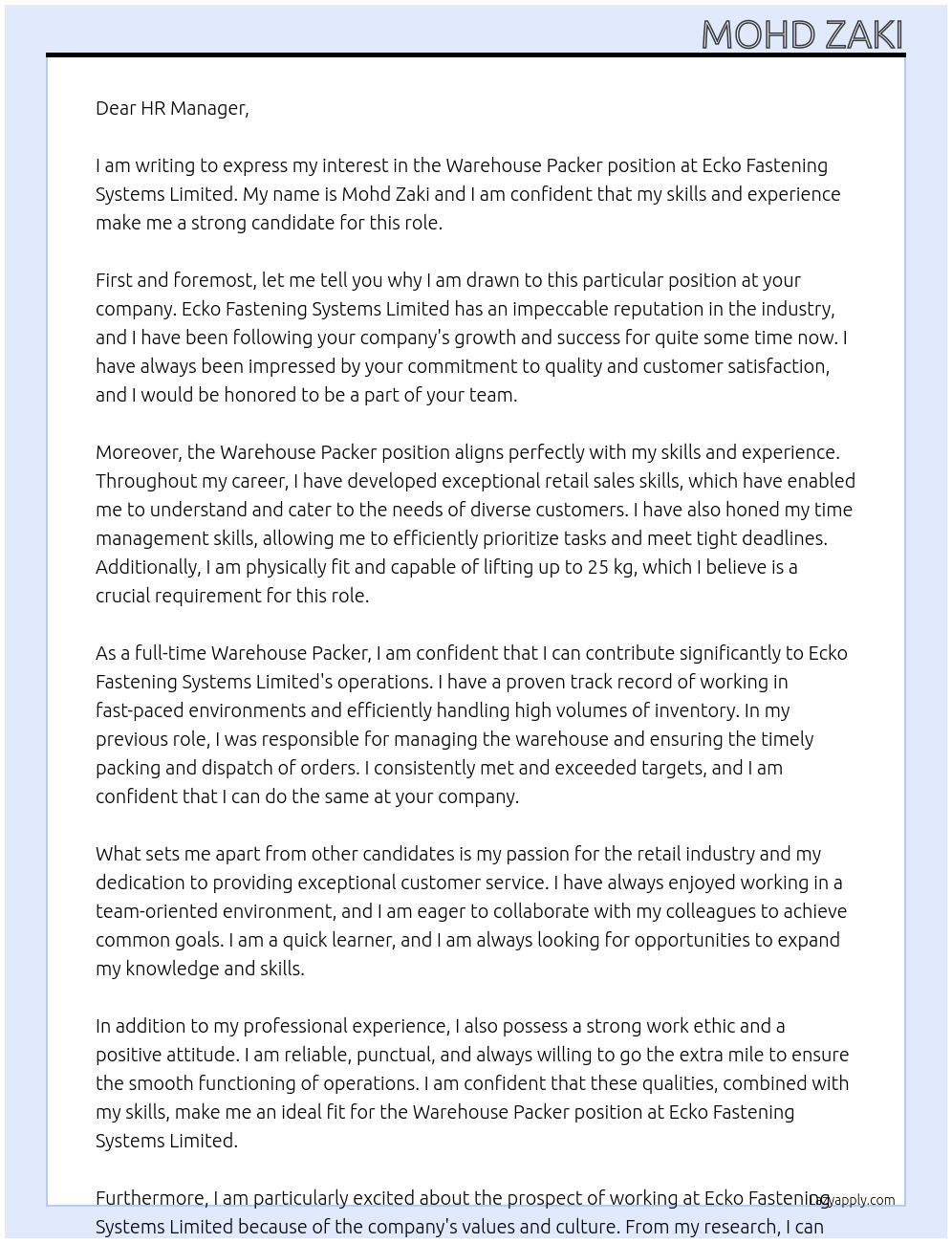 Warehouse Packer At Ecko Fastening Systems Limited Cover Letter