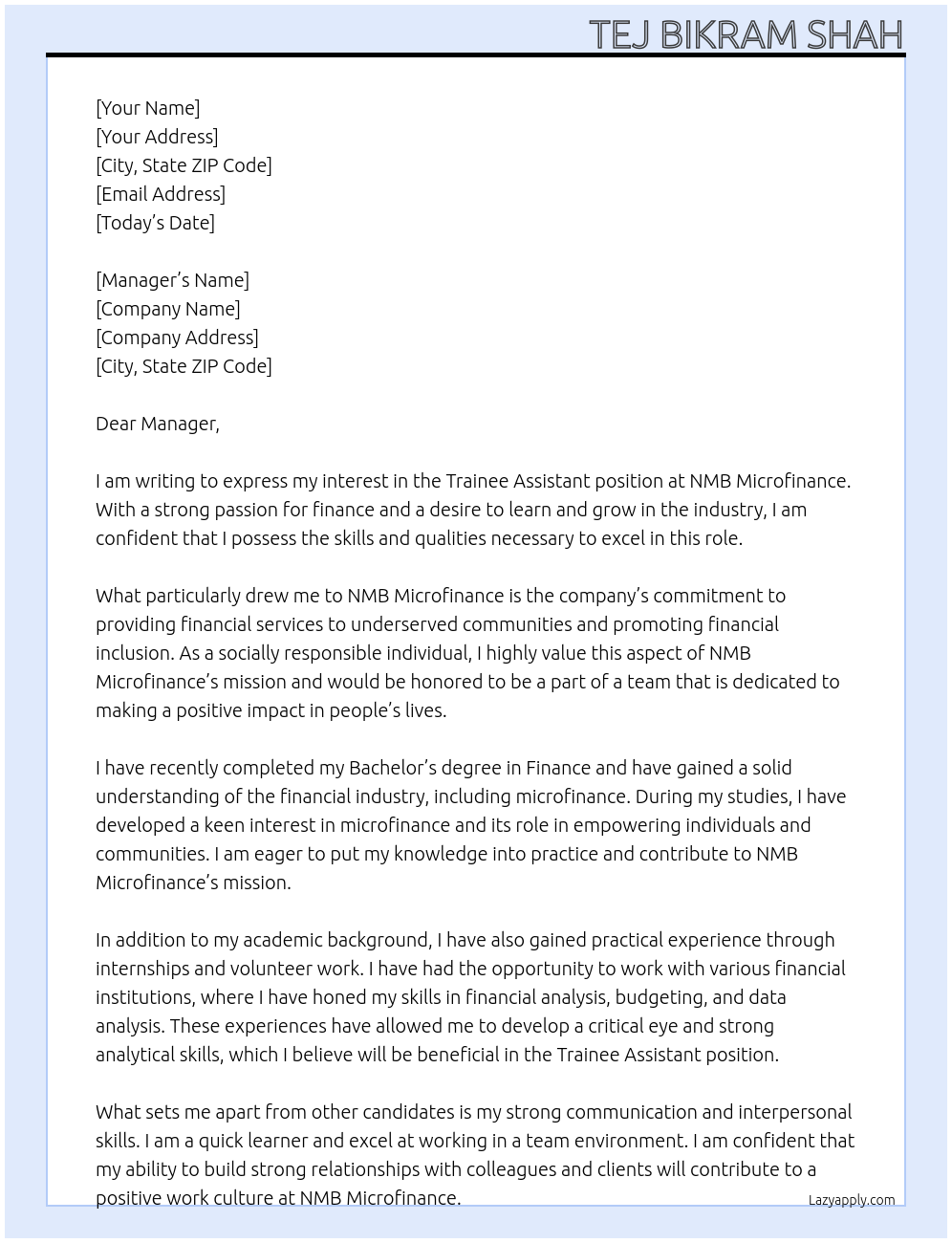 Trainee Assistant At NMB Microfinance Cover Letter