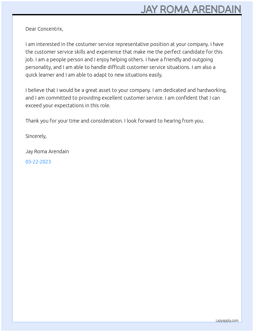 Costumer Service Representative At Concentrix Cover Letter