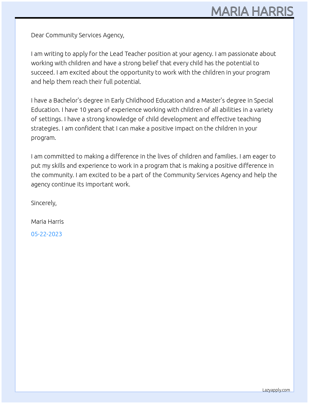 Lead Teacher At Community Services Agency Cover Letter