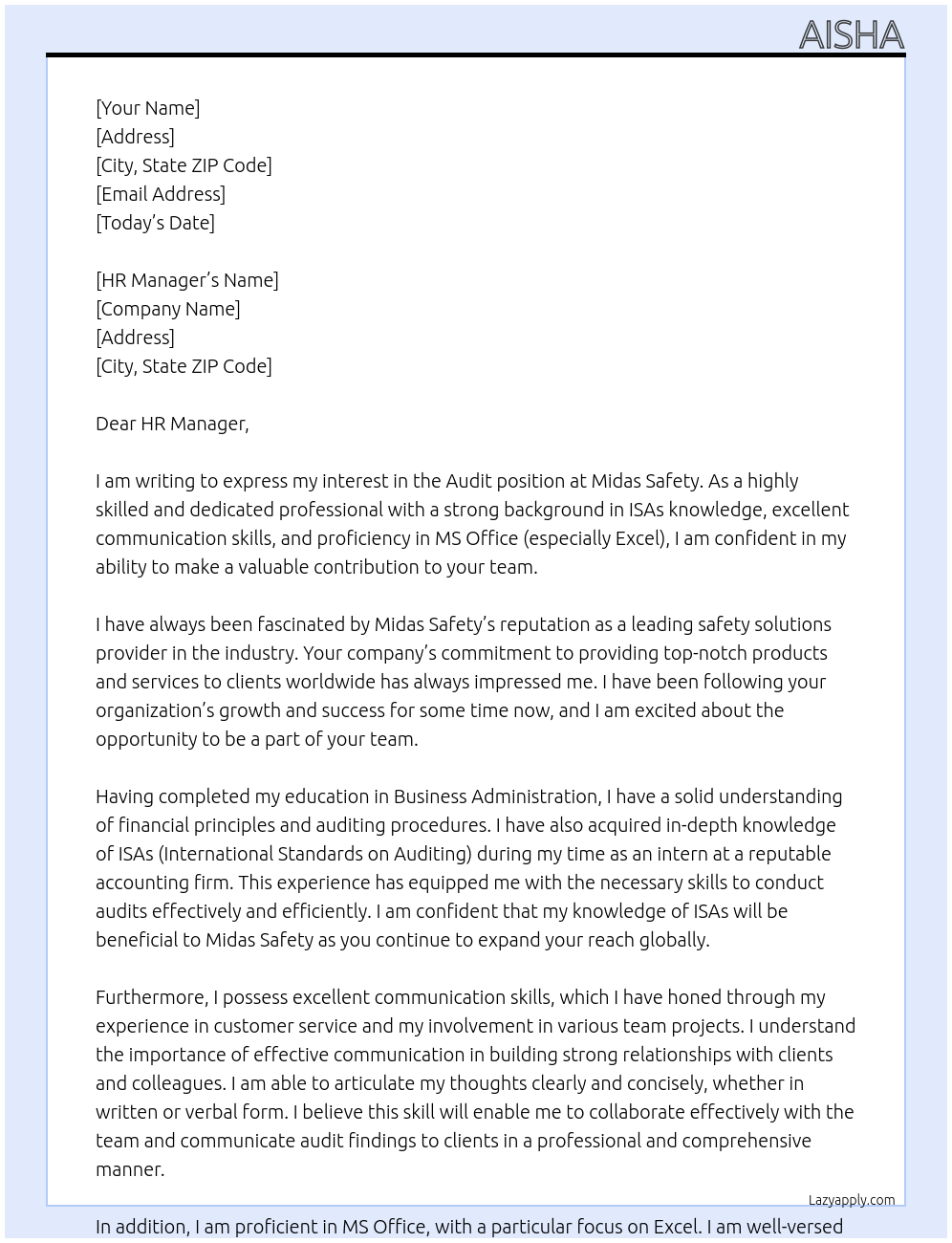 audit At Midas Safety Cover Letter