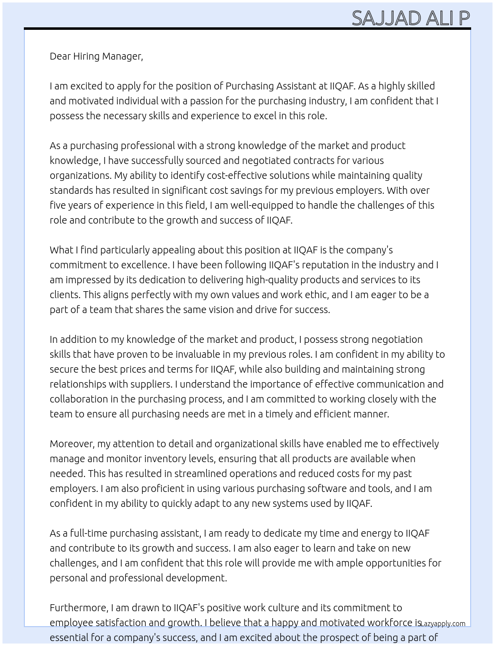 Purchasing Assistant At IIQAF Cover Letter