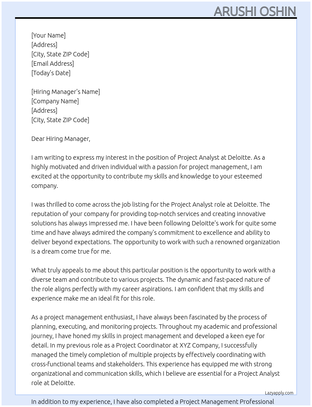 Project Analyst At Deloitte Cover Letter