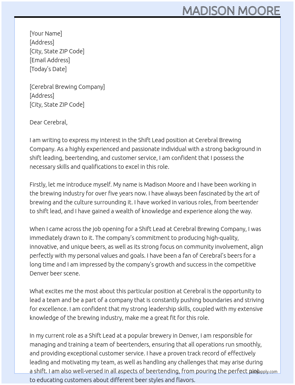 Shift Lead At Cerebral Brewing Company Cover Letter