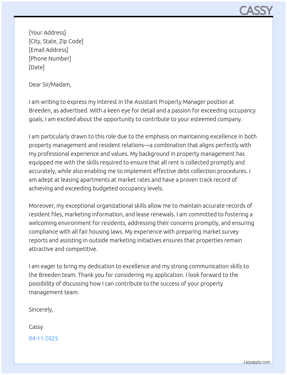 Assistant Property Manager At Breeden Cover Letter