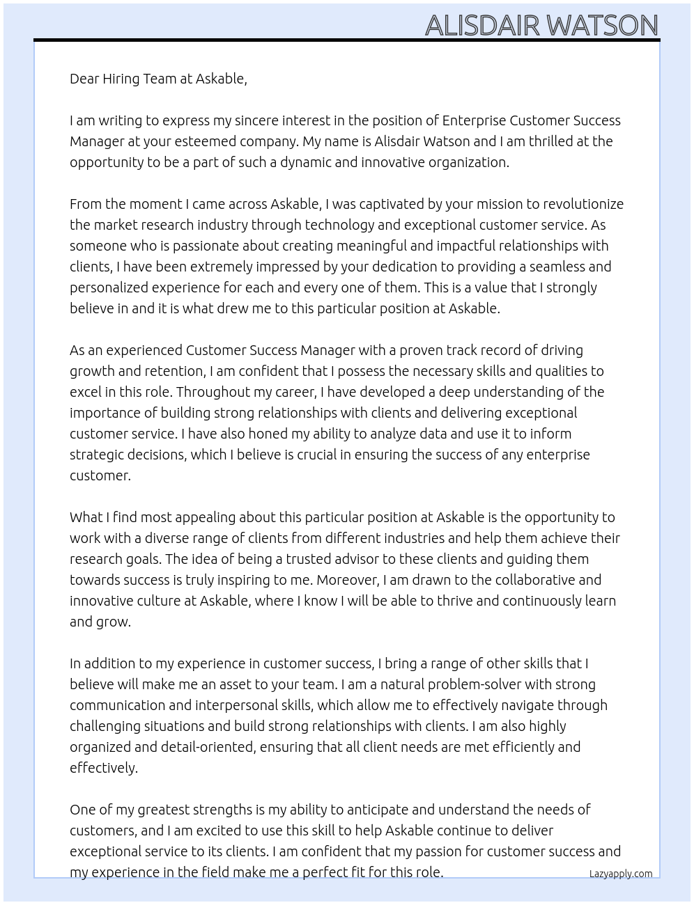 Enterprise Customer Success Manager At Askable Cover Letter