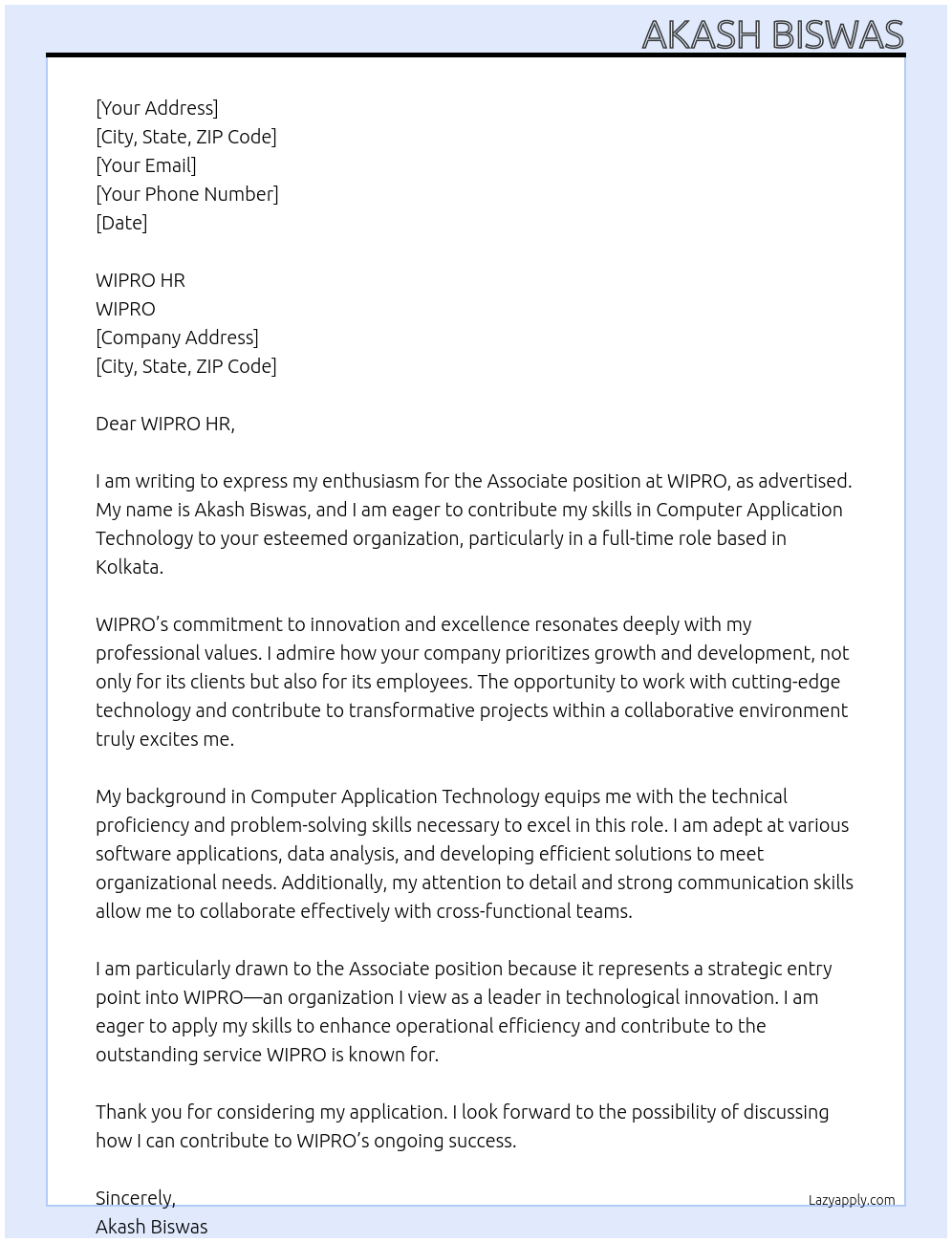 Associate At WIPRO Cover Letter