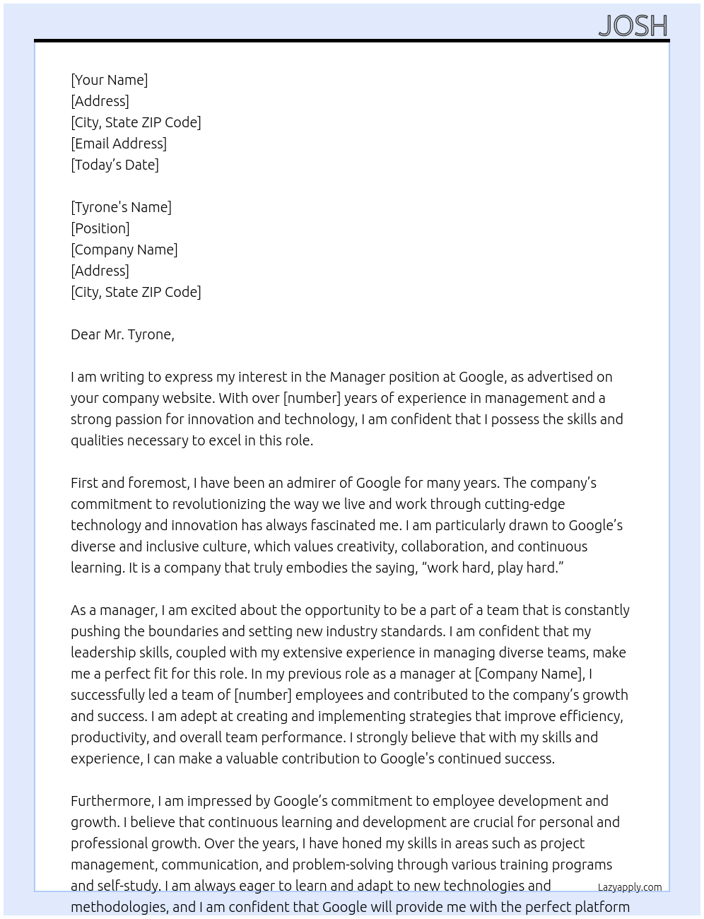 manger At google Cover Letter