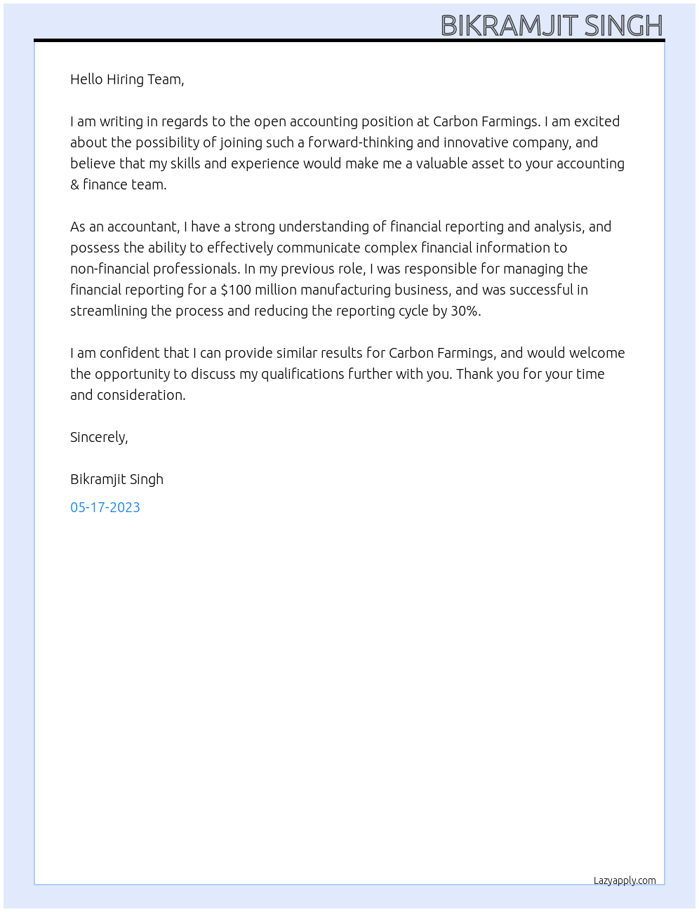 Accounting At Carbon Farmings accounting & finance team Cover Letter