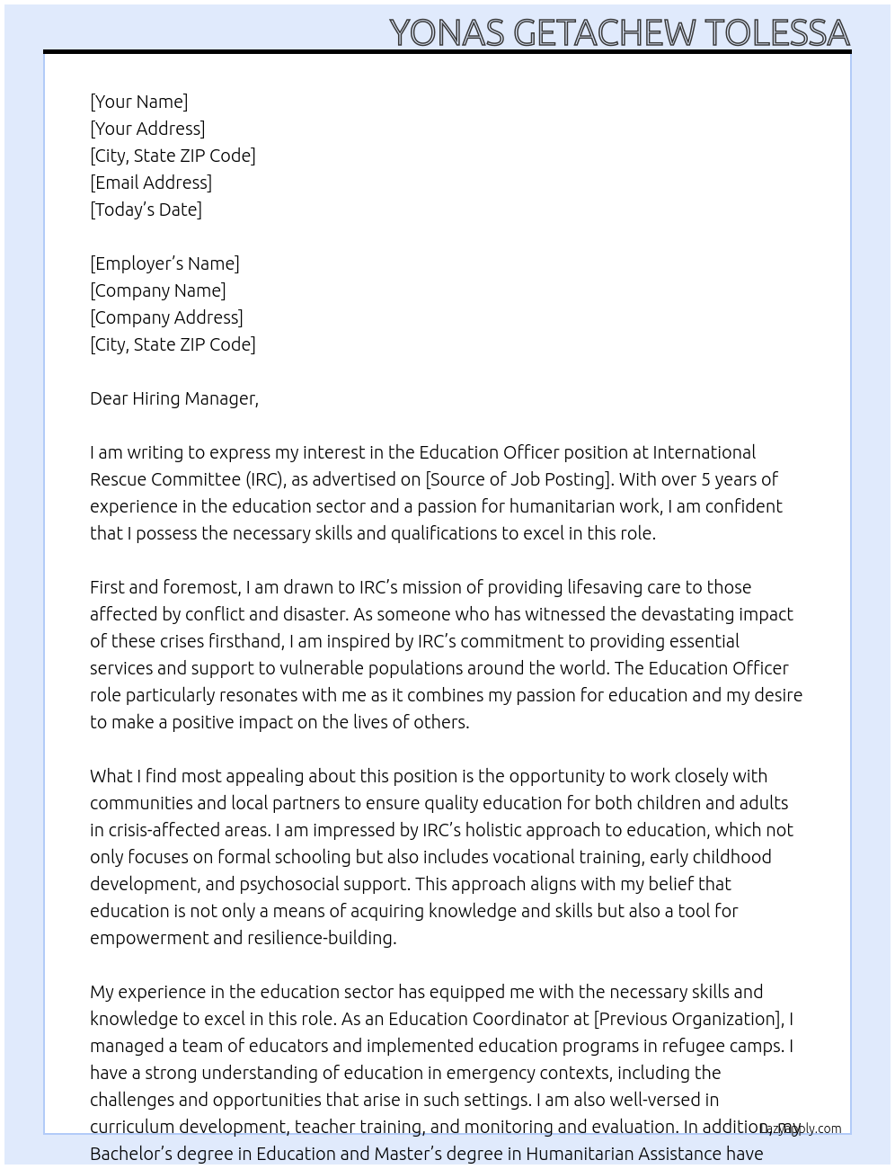 Education Officer At International Rescue Committee (IRC) Cover Letter