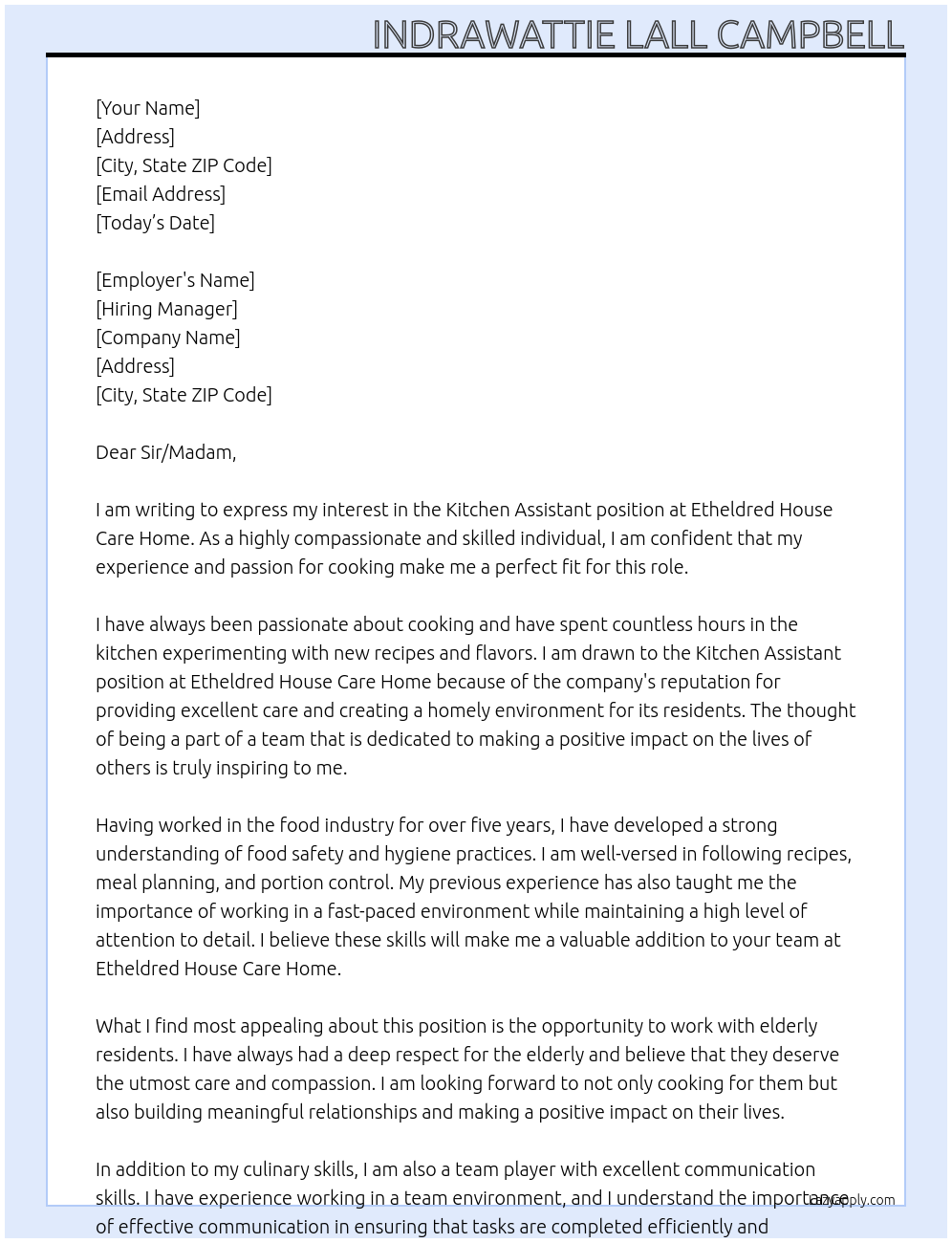 Kitchen Assistant At Etheldred House Care Home Cover Letter