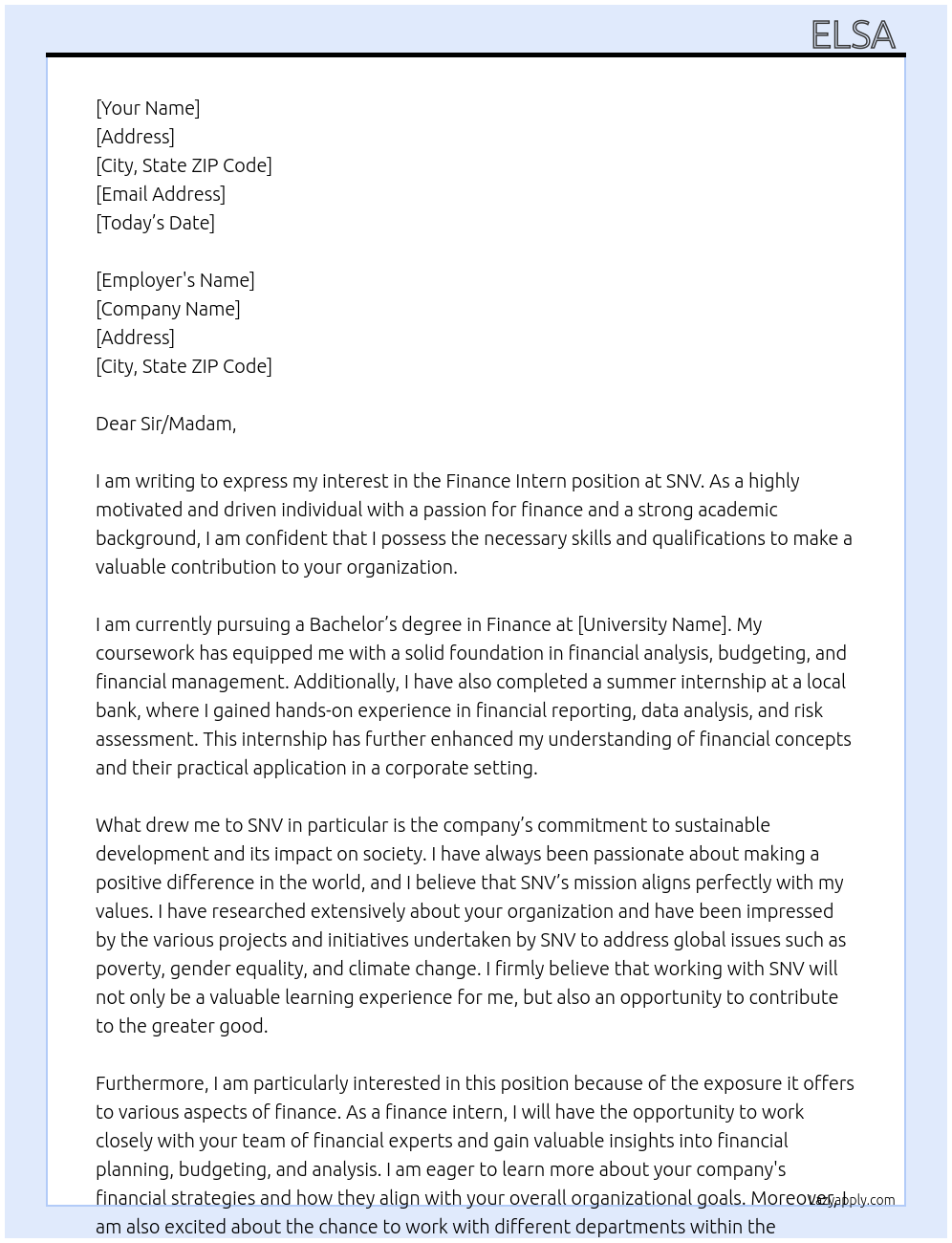 Finance intern At SNV Cover Letter