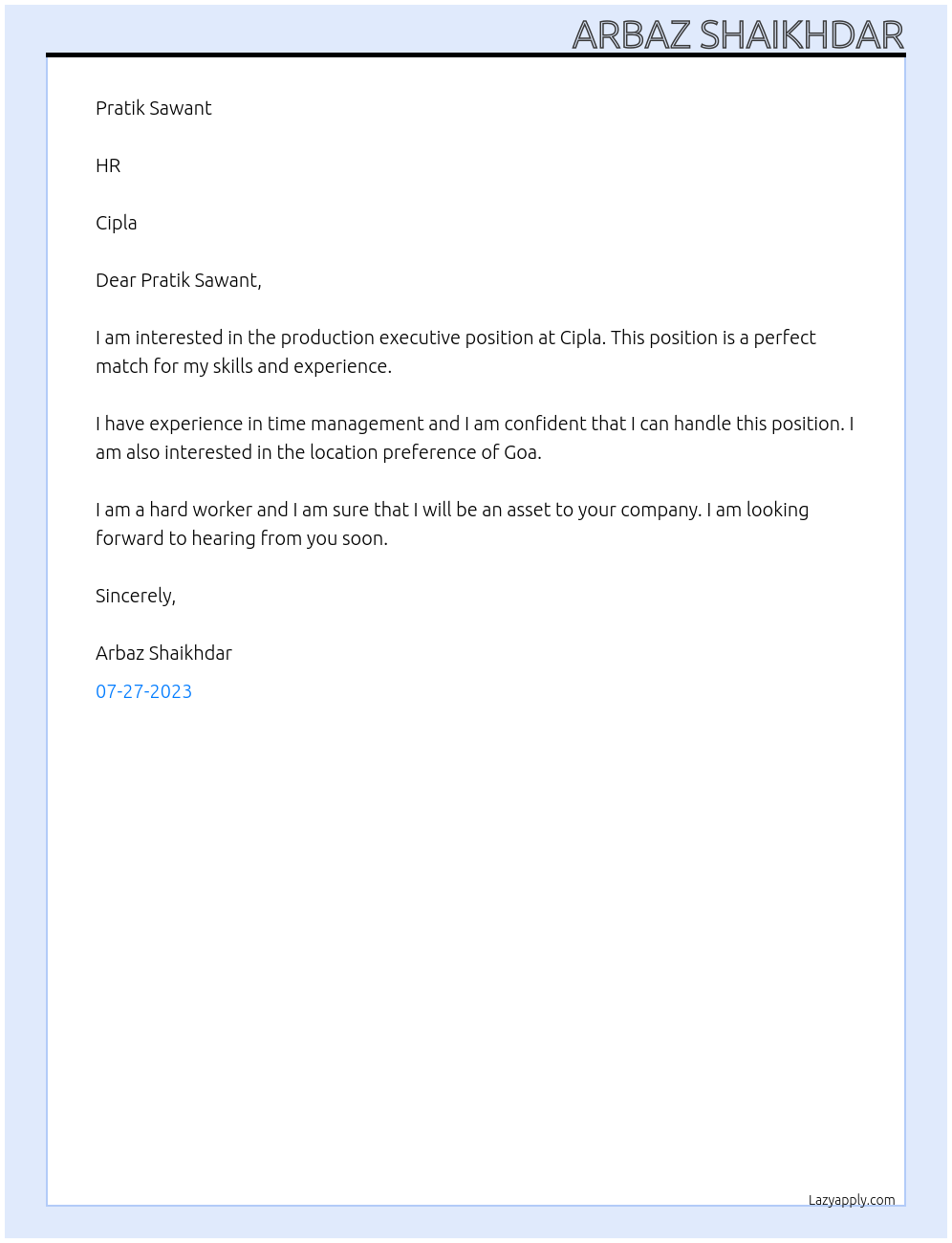 Production executive At Cipla Cover Letter