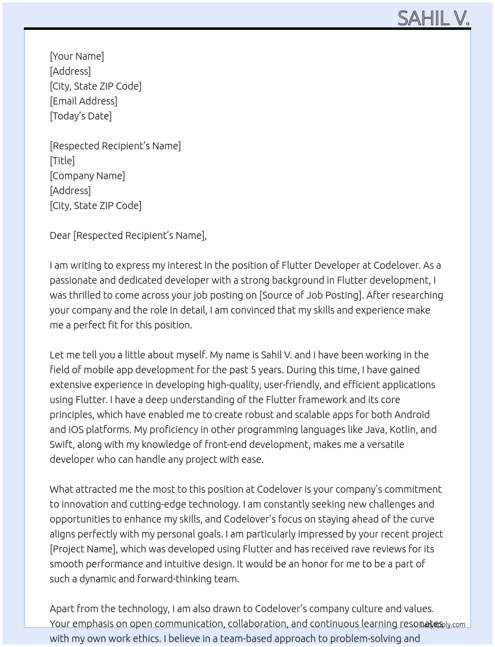Flutter Developer At Codelover Cover Letter
