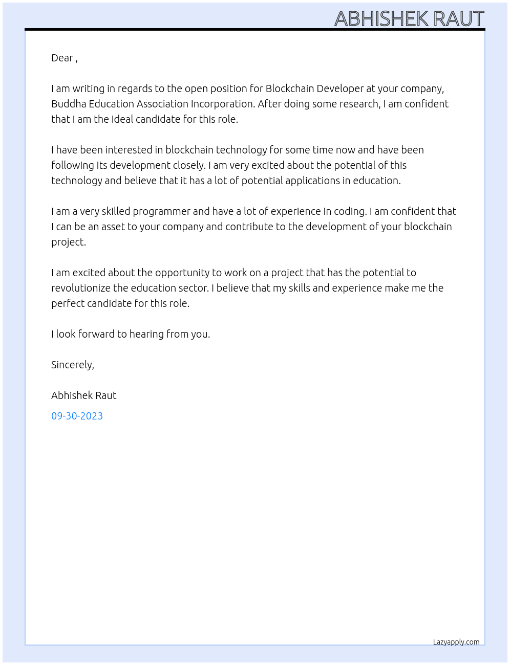 Blockchain Developer At Buddha Education Association Incorporation Cover Letter