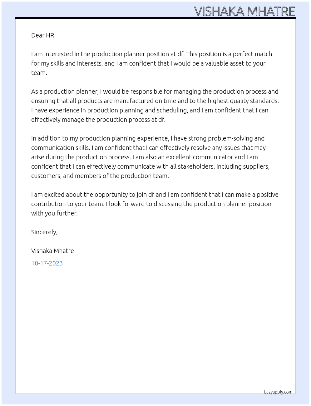 Production planner At df Cover Letter