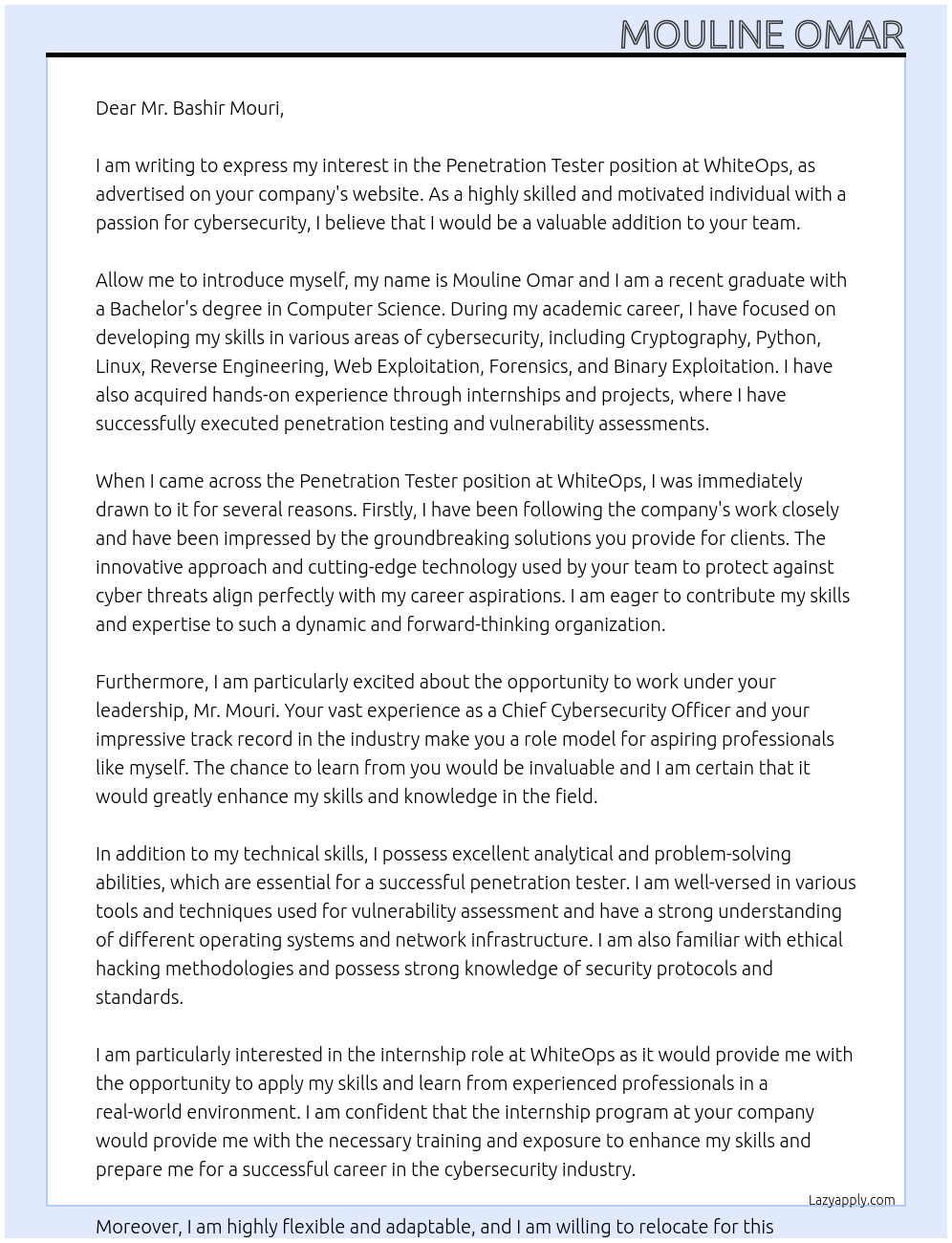 Penetration Tester At WhiteOps Cover Letter