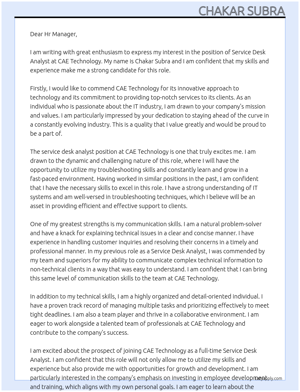 Service Desk Analyst At CAE Technology Cover Letter