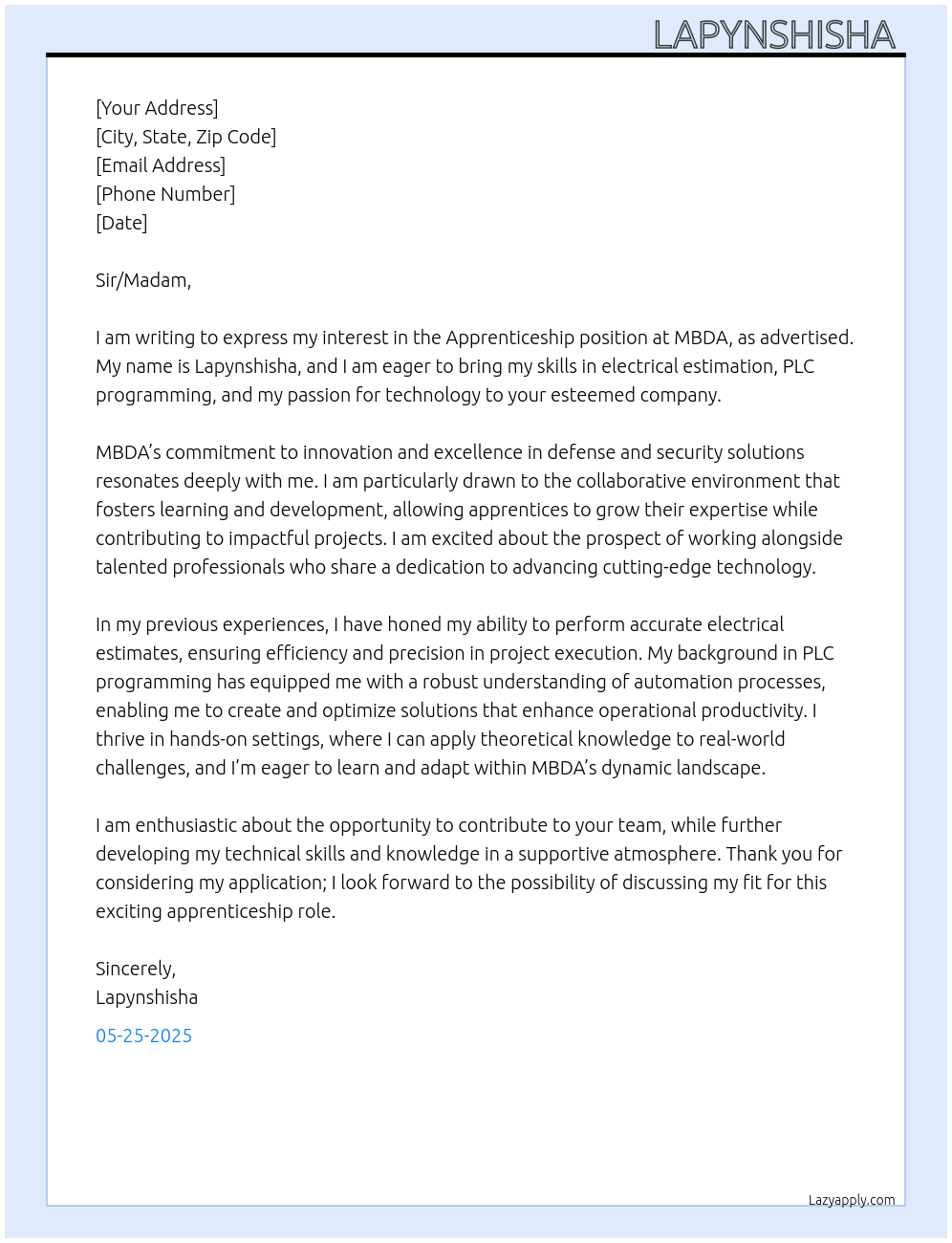 Apprenticeship At MBDA Cover Letter