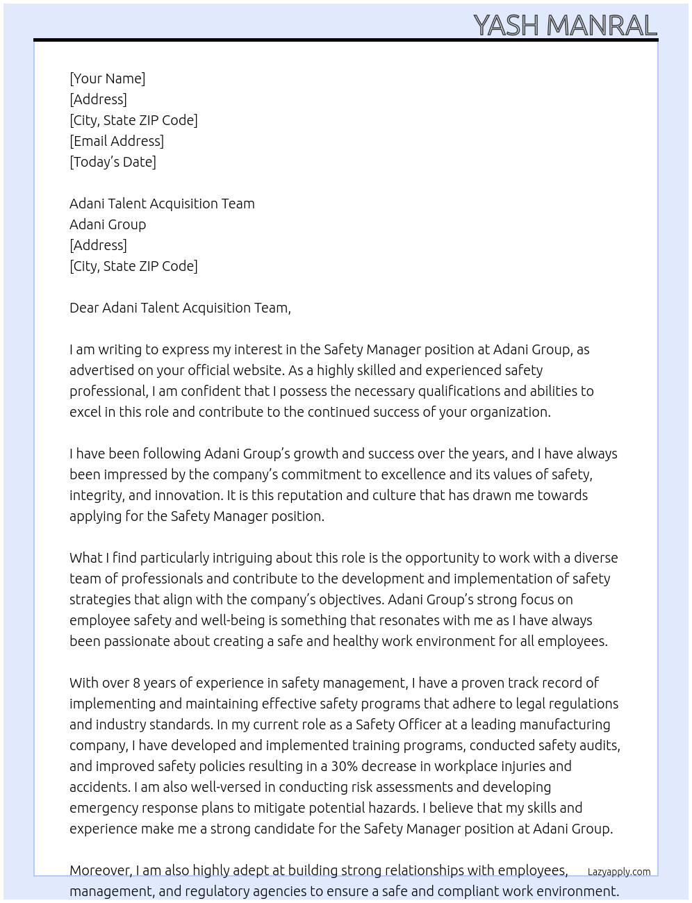 Safety Manager At Adani Group Cover Letter
