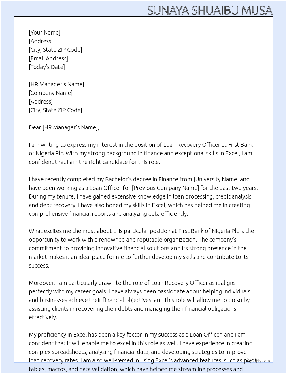 LOAN RECOVERY OFFICER At First Bank of Nigeria Plc Cover Letter