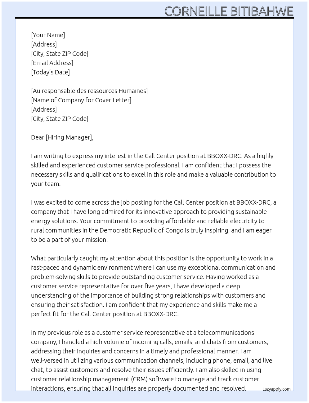 CALL CENTER At BBOXX-DRC Cover Letter