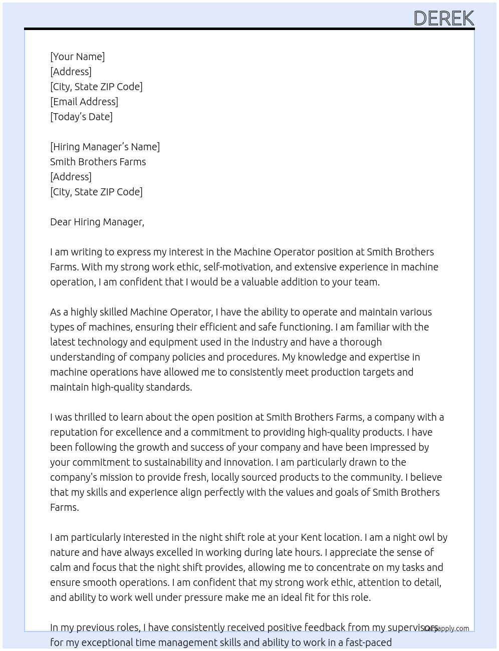 Machine Operator At Smith Brothers Farms Cover Letter